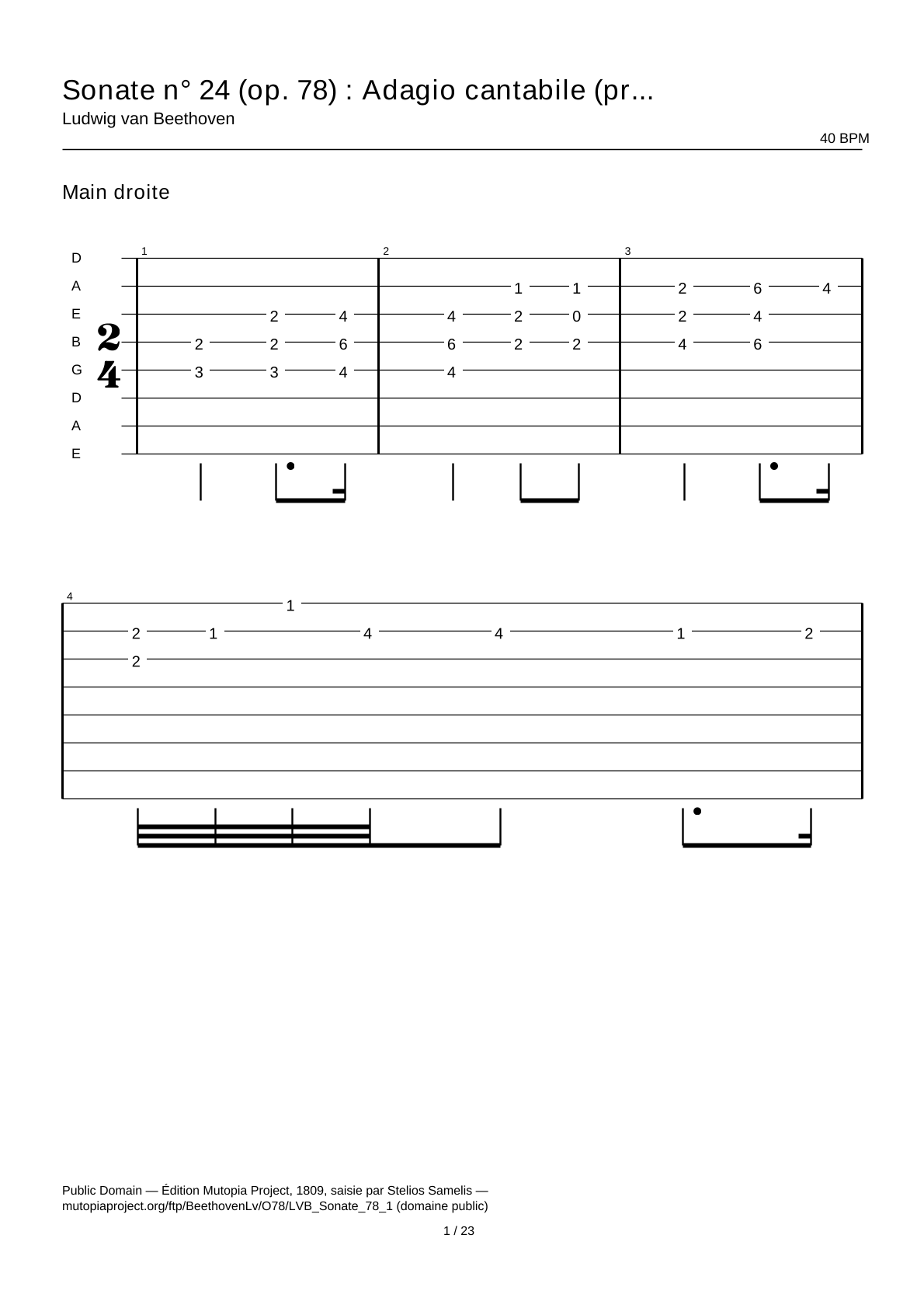 Sonata No. 24 (Op. 78): Adagio cantabile (first movement) — Guitar Tab