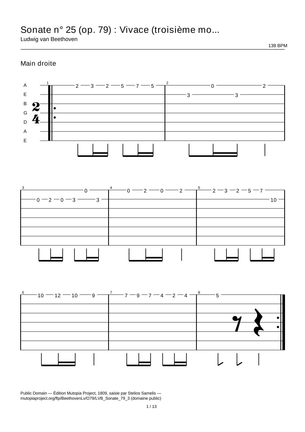 Sonata No. 25 (Op. 79): Vivace (third movement) — Guitar Tab