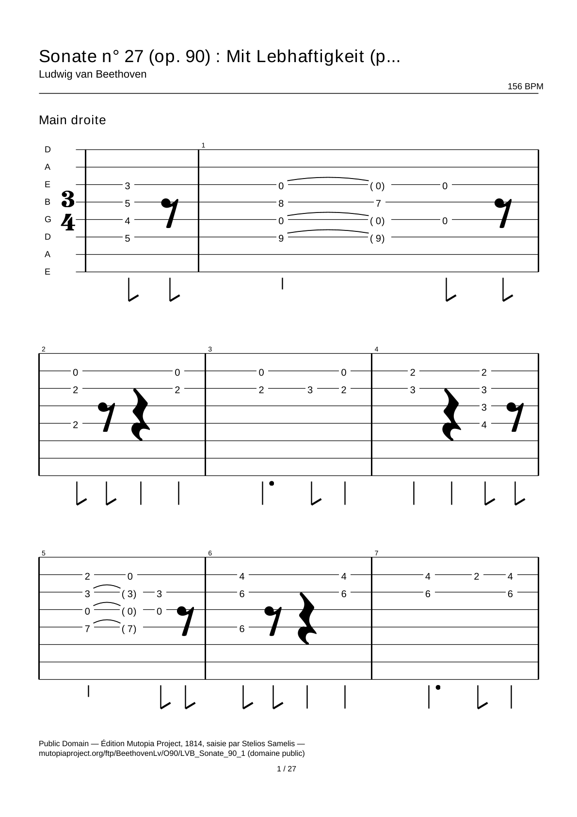 Sonata No. 27 (Op. 90): Mit Lebhaftigkeit (first movement) — Guitar Tab