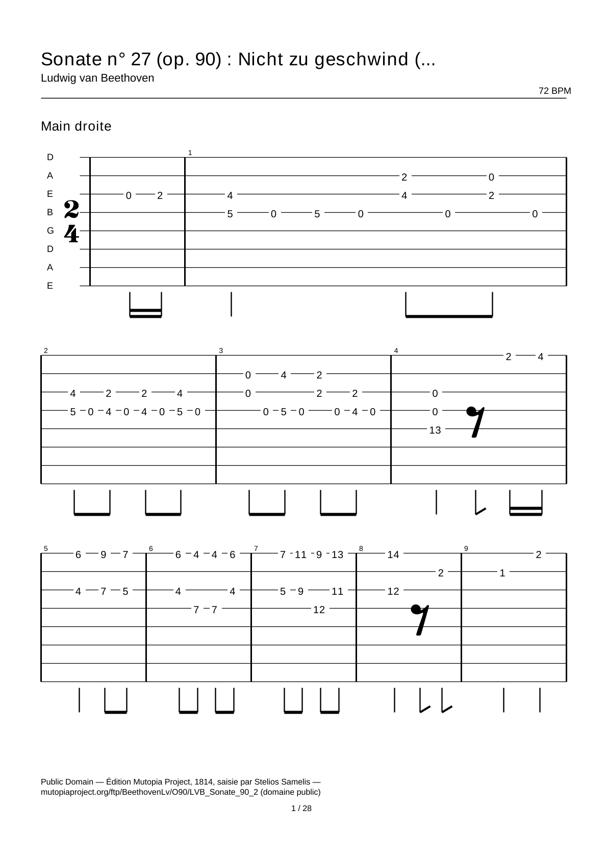 Sonata No. 27 (Op. 90): Nicht zu geschwind (second movement) — Guitar Tab