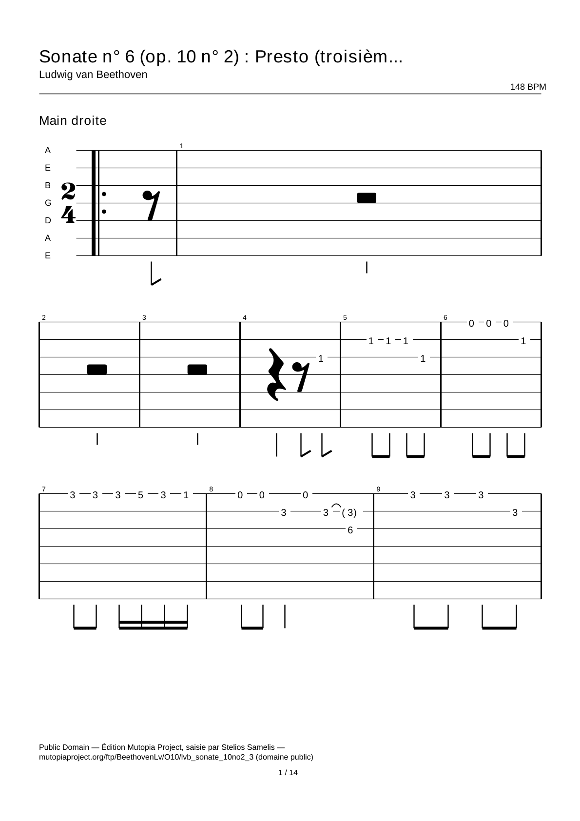 Sonata No. 6 (Op. 10 No. 2): Presto (third movement) — Guitar Tab