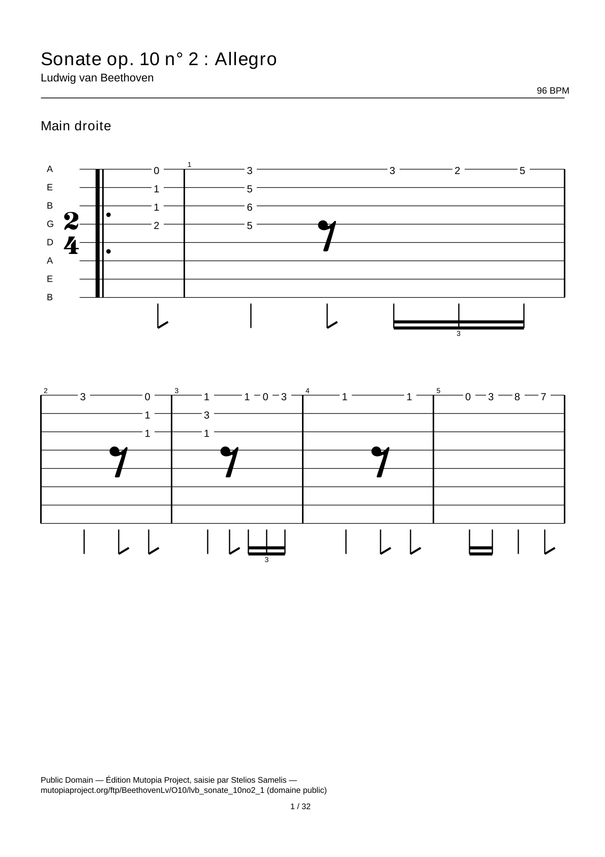 Sonata op. 10 n.º 2: Allegro — Tablatura de guitarra