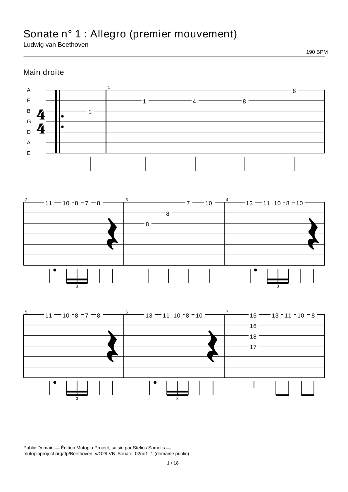 Sonata n.º 1: Allegro (primer movimiento) — Tablatura de guitarra