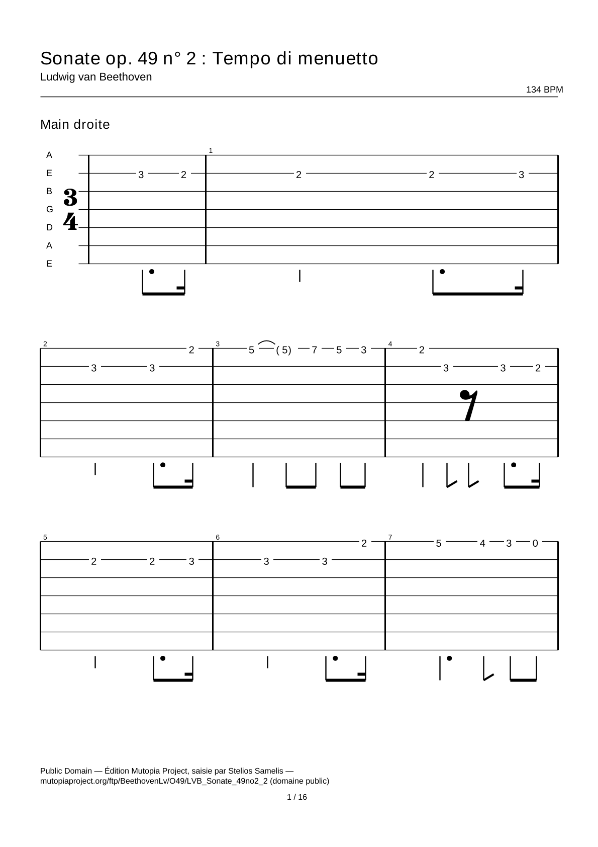 Sonata op. 49 n.º 2: Tempo di menuetto — Tablatura de guitarra