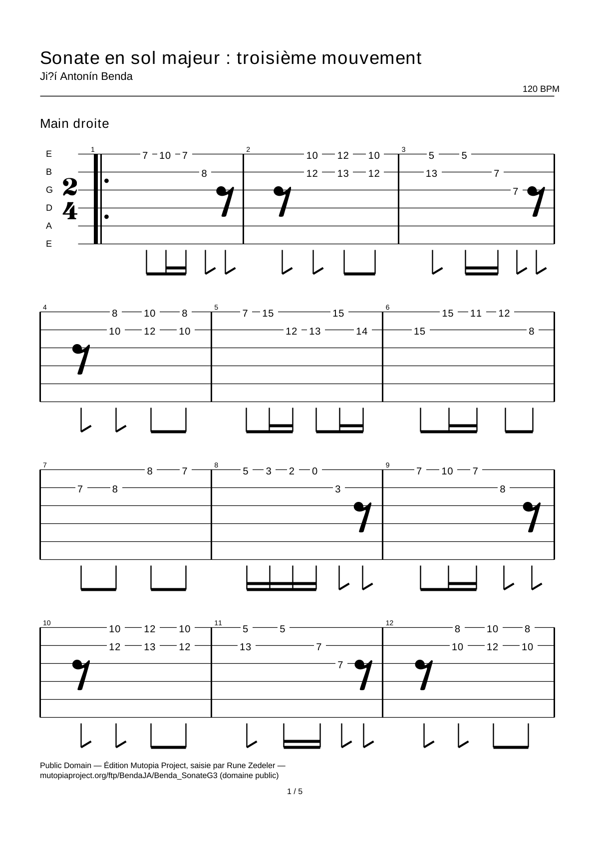 Sonata en sol mayor: tercer movimiento — Tablatura de guitarra