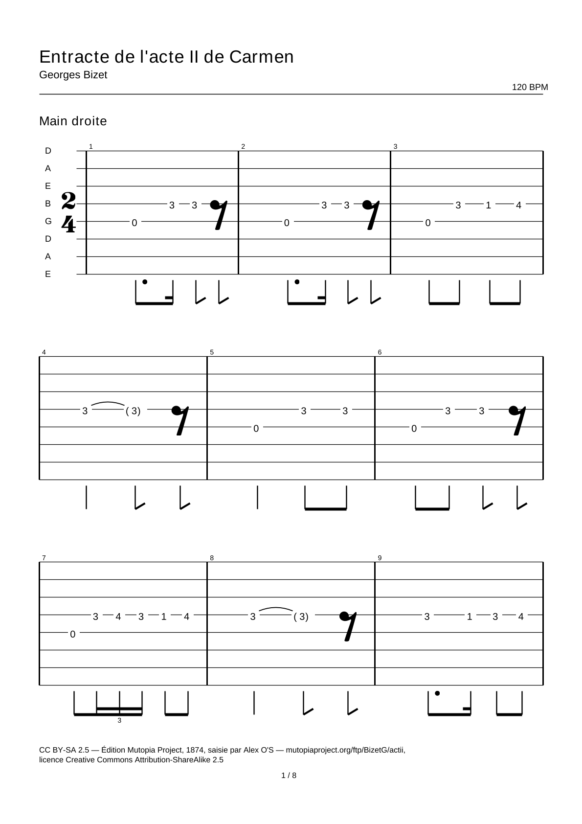 Entreacto del acto II de Carmen — Tablatura de guitarra