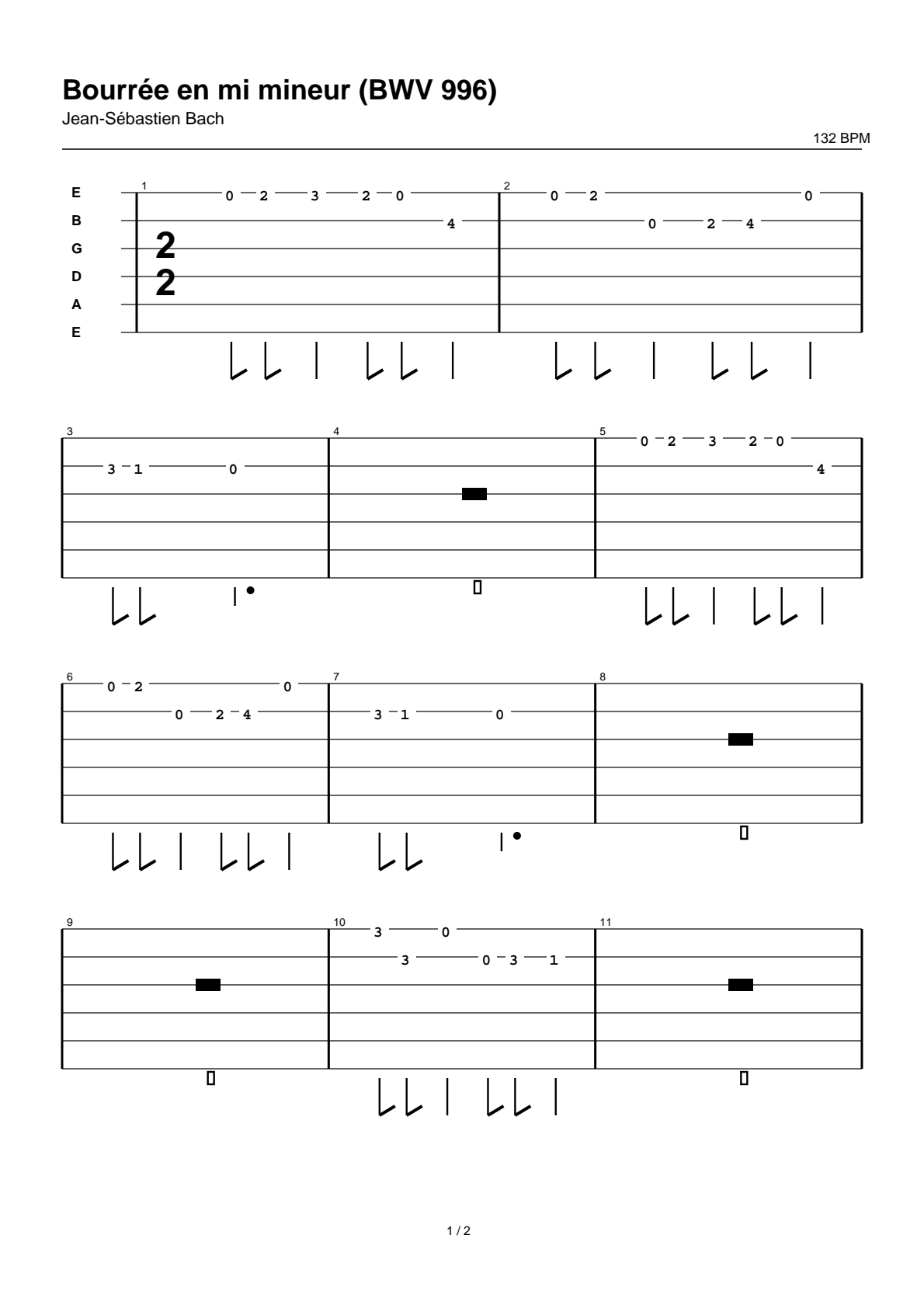 Bourrée en mi mineur (BWV 996) — Tablatura de guitarra