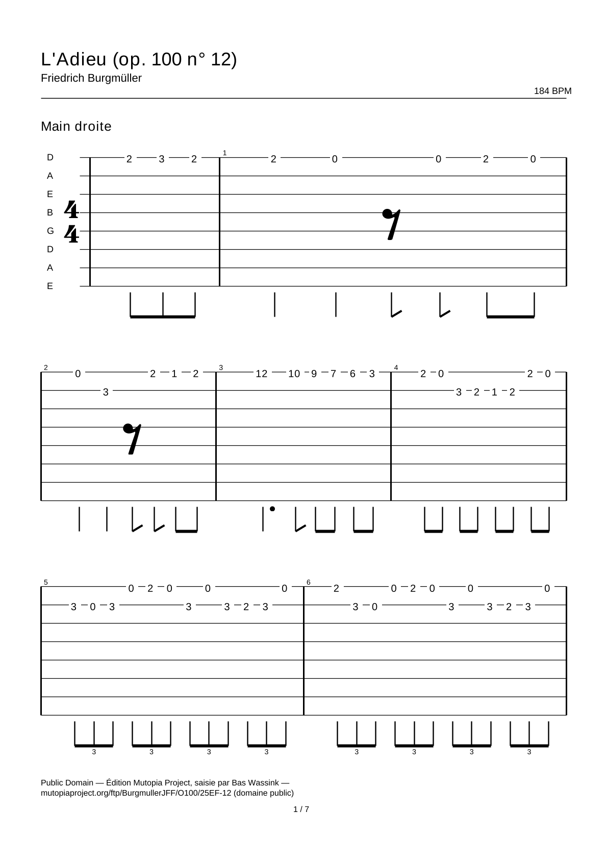 L'Adieu (op. 100 n° 12) — Tablature guitare