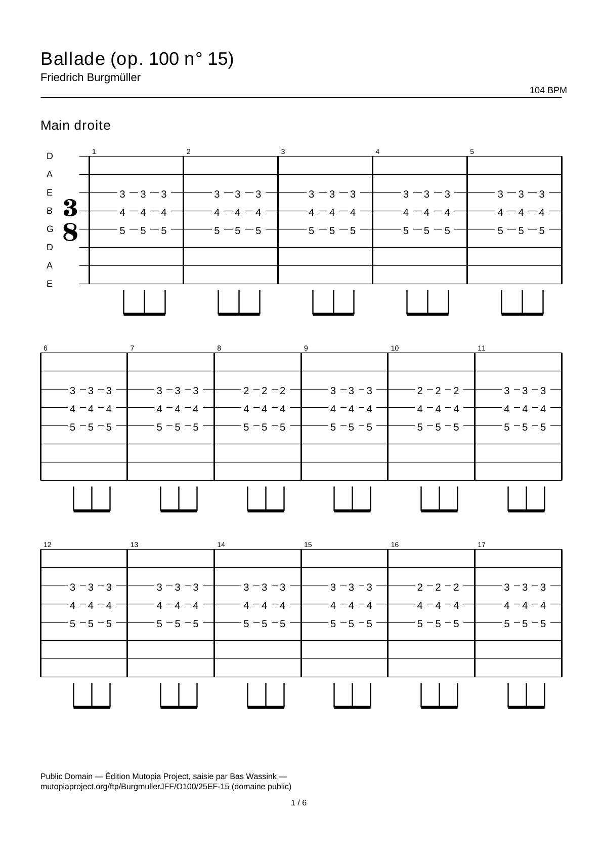 Ballade (op. 100 n° 15) — Tablature guitare