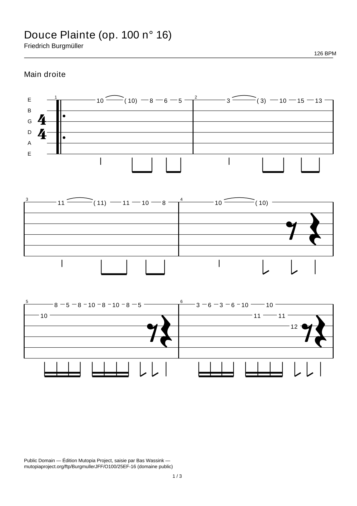 Dulce lamento (op. 100 n.º 16) — Tablatura de guitarra