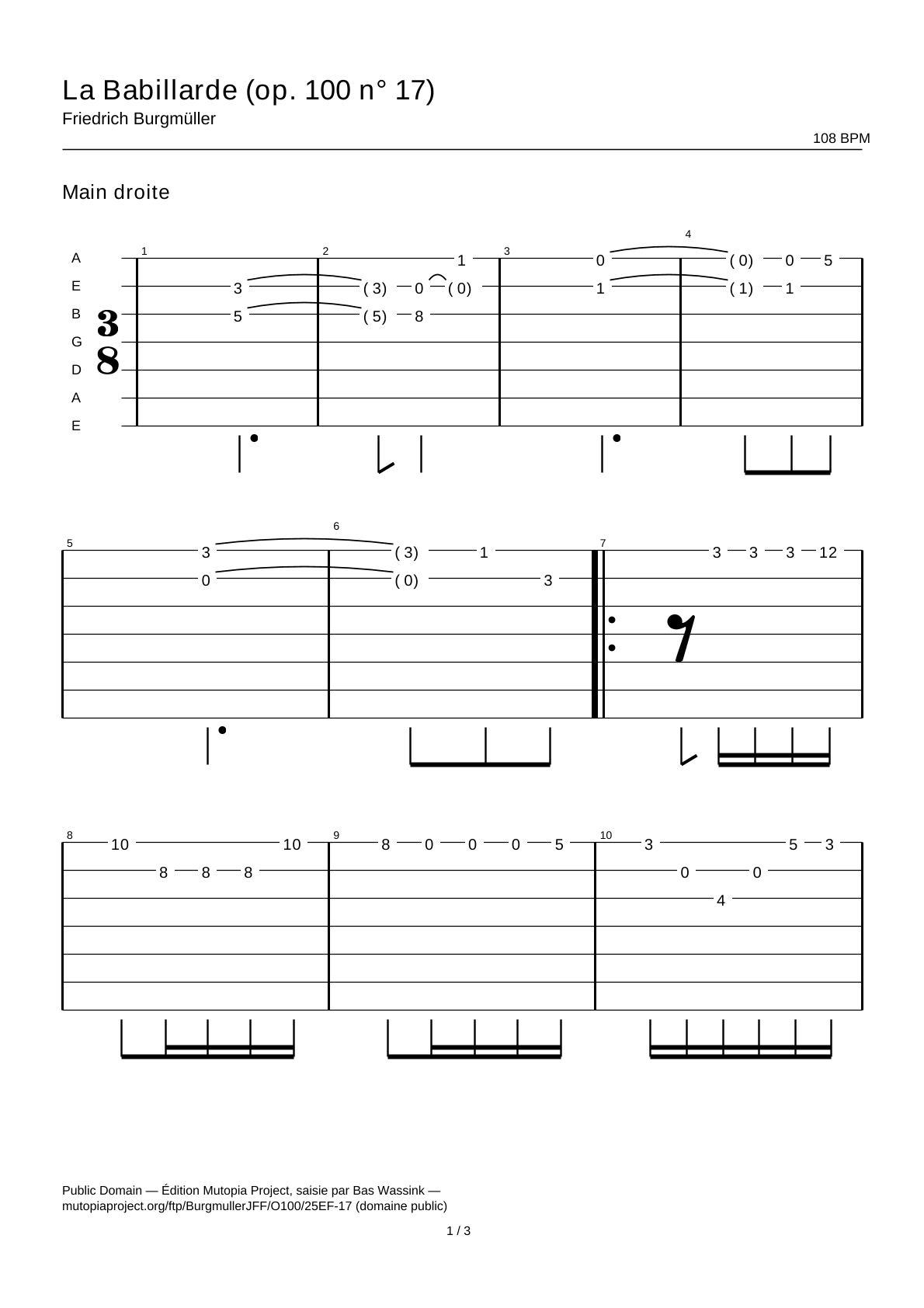 La Babillarde (op. 100 n° 17) — Tablature guitare