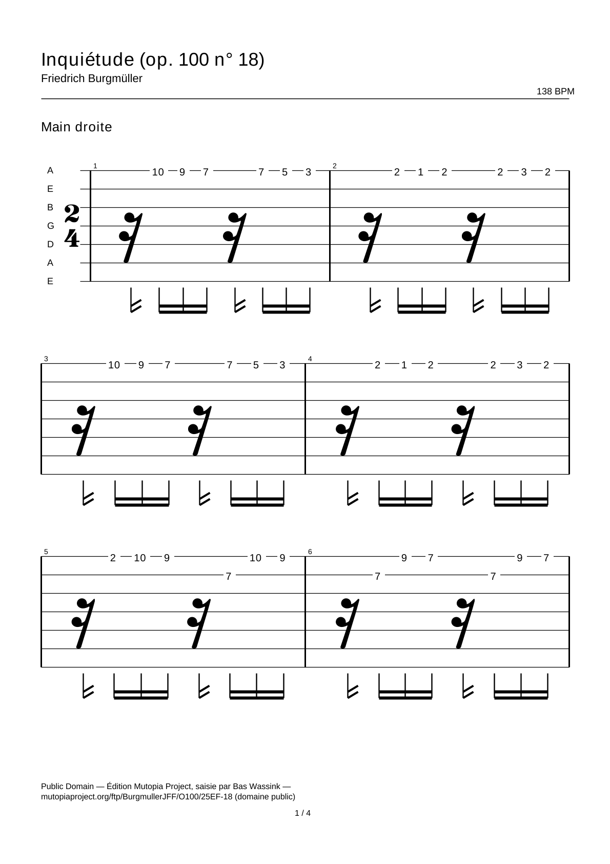 Inquietud (op. 100 n.º 18) — Tablatura de guitarra