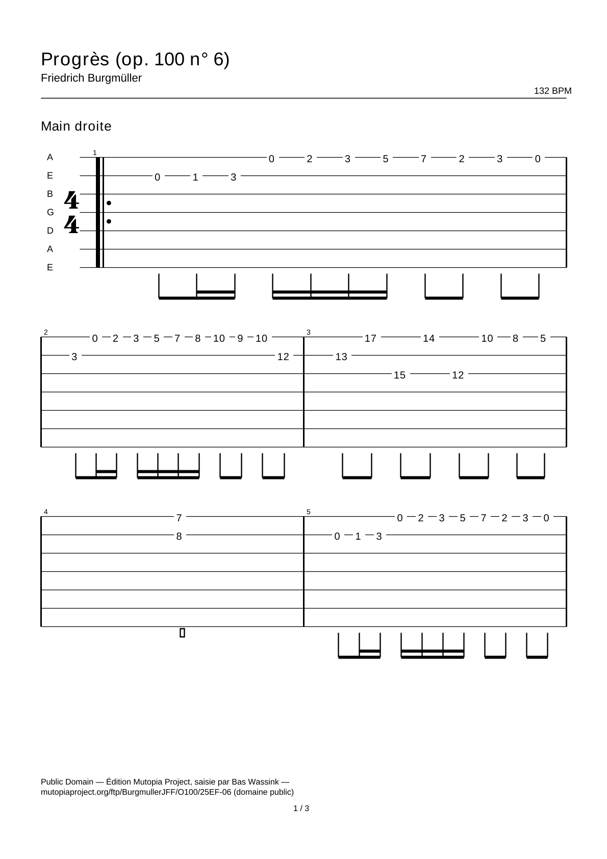 Progreso (op. 100 n.º 6) — Tablatura de guitarra