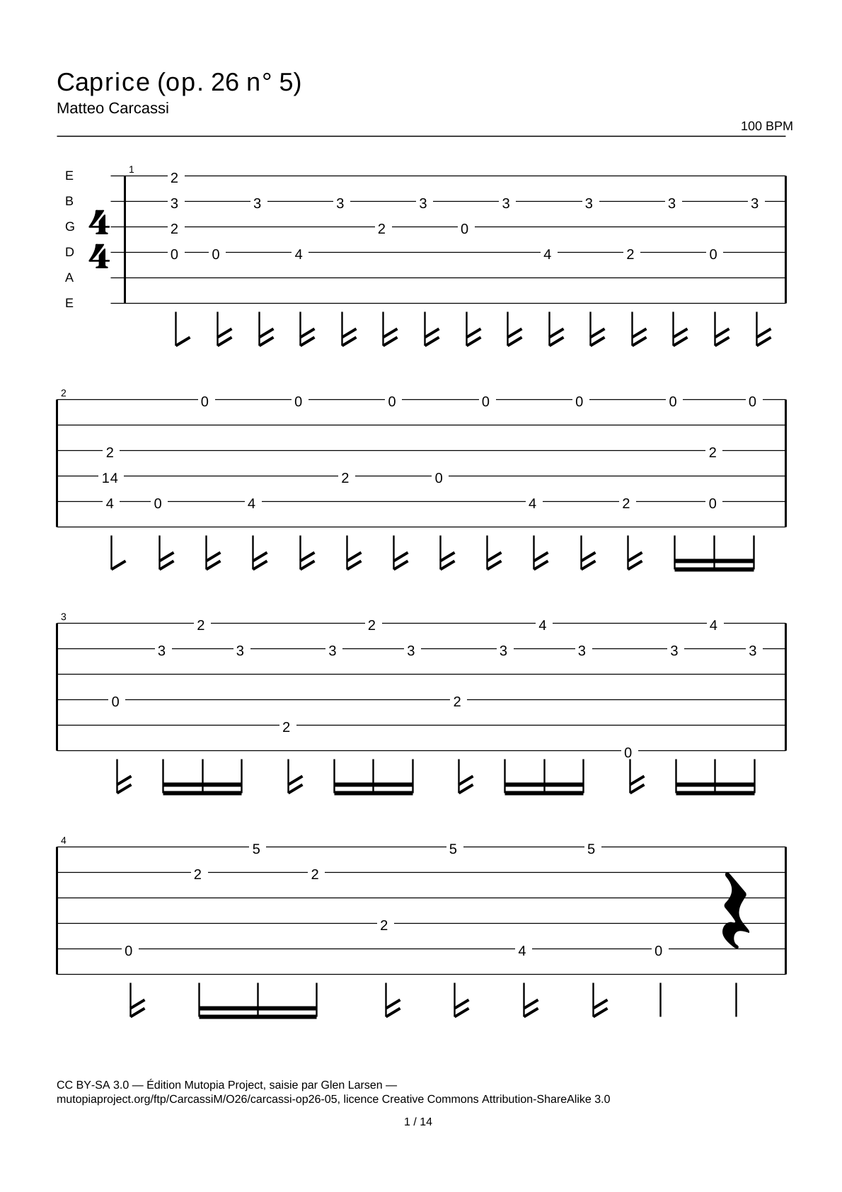 Capricho (op. 26 n.º 5) — Tablatura de guitarra