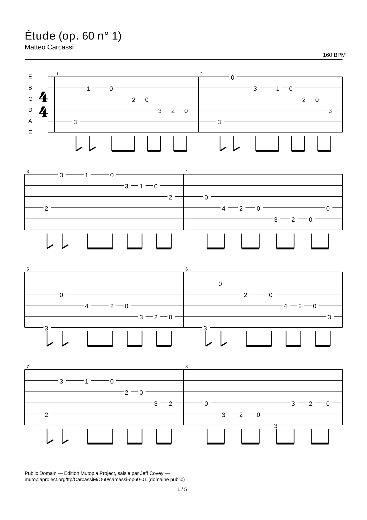 Estudio (op. 60 n.º 1) — Tablatura de guitarra