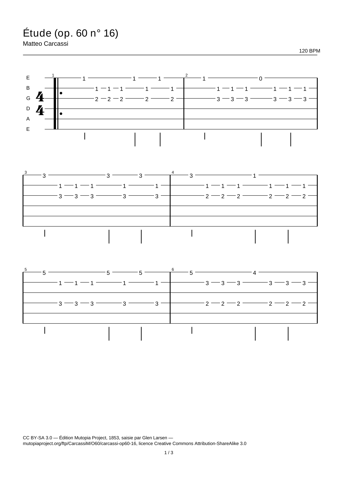 Estudio (op. 60 n.º 16) — Tablatura de guitarra