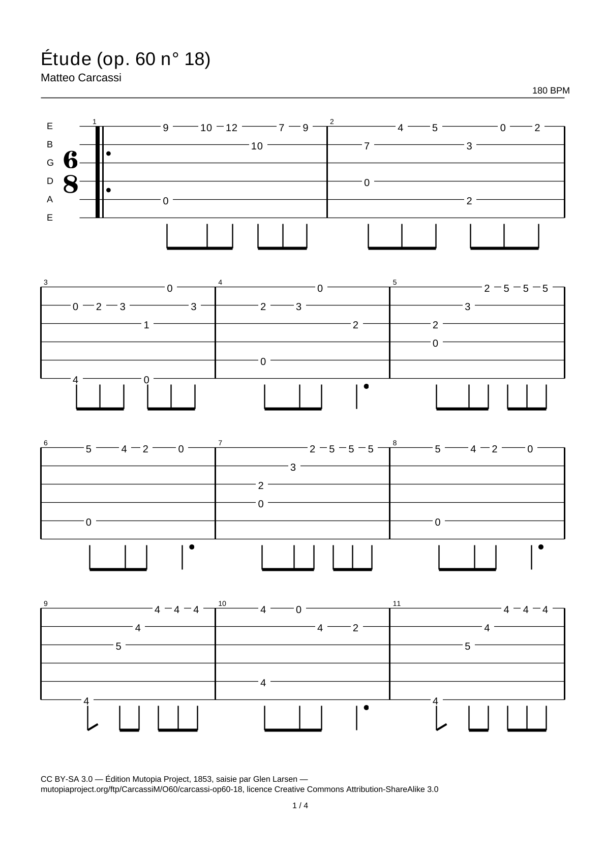 Estudio (op. 60 n.º 18) — Tablatura de guitarra