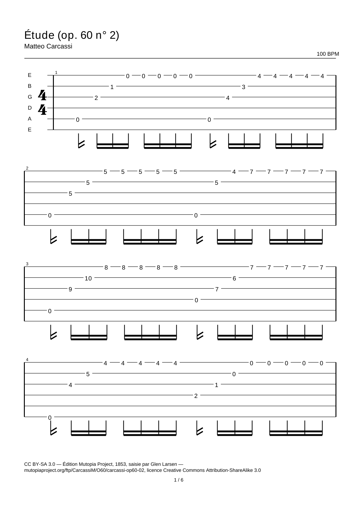 Estudio (op. 60 n.º 2) — Tablatura de guitarra