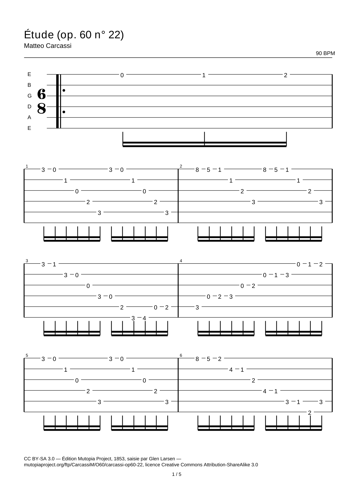 Estudio (op. 60 n.º 22) — Tablatura de guitarra