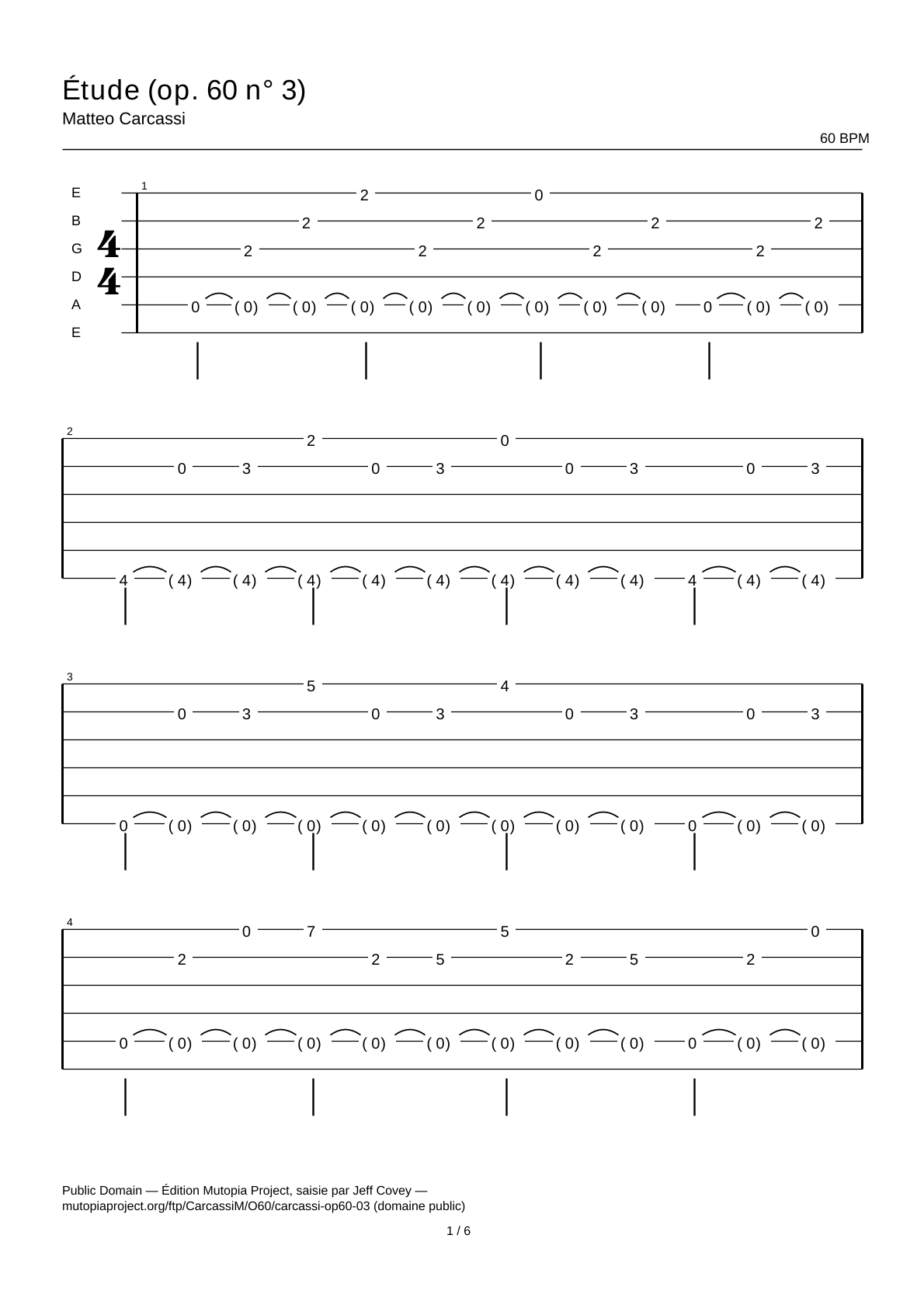 Estudio (op. 60 n.º 3) — Tablatura de guitarra
