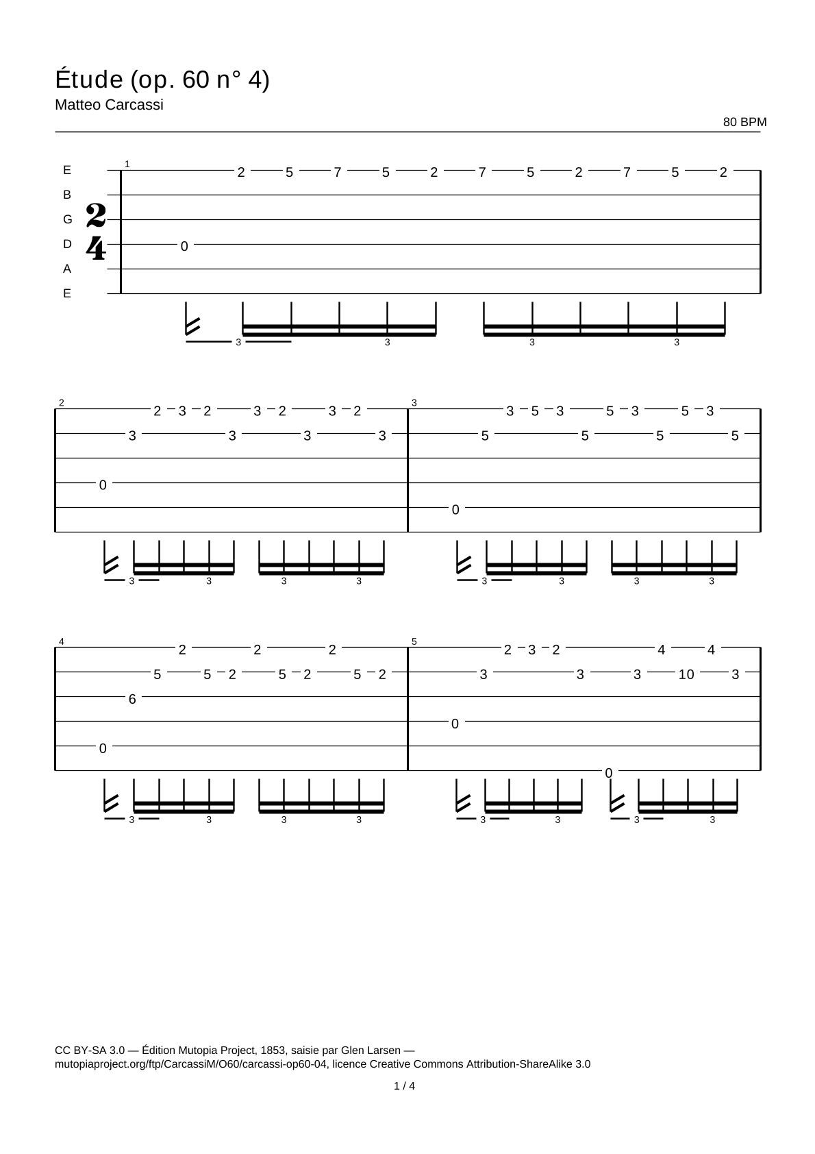 Estudio (op. 60 n.º 4) — Tablatura de guitarra