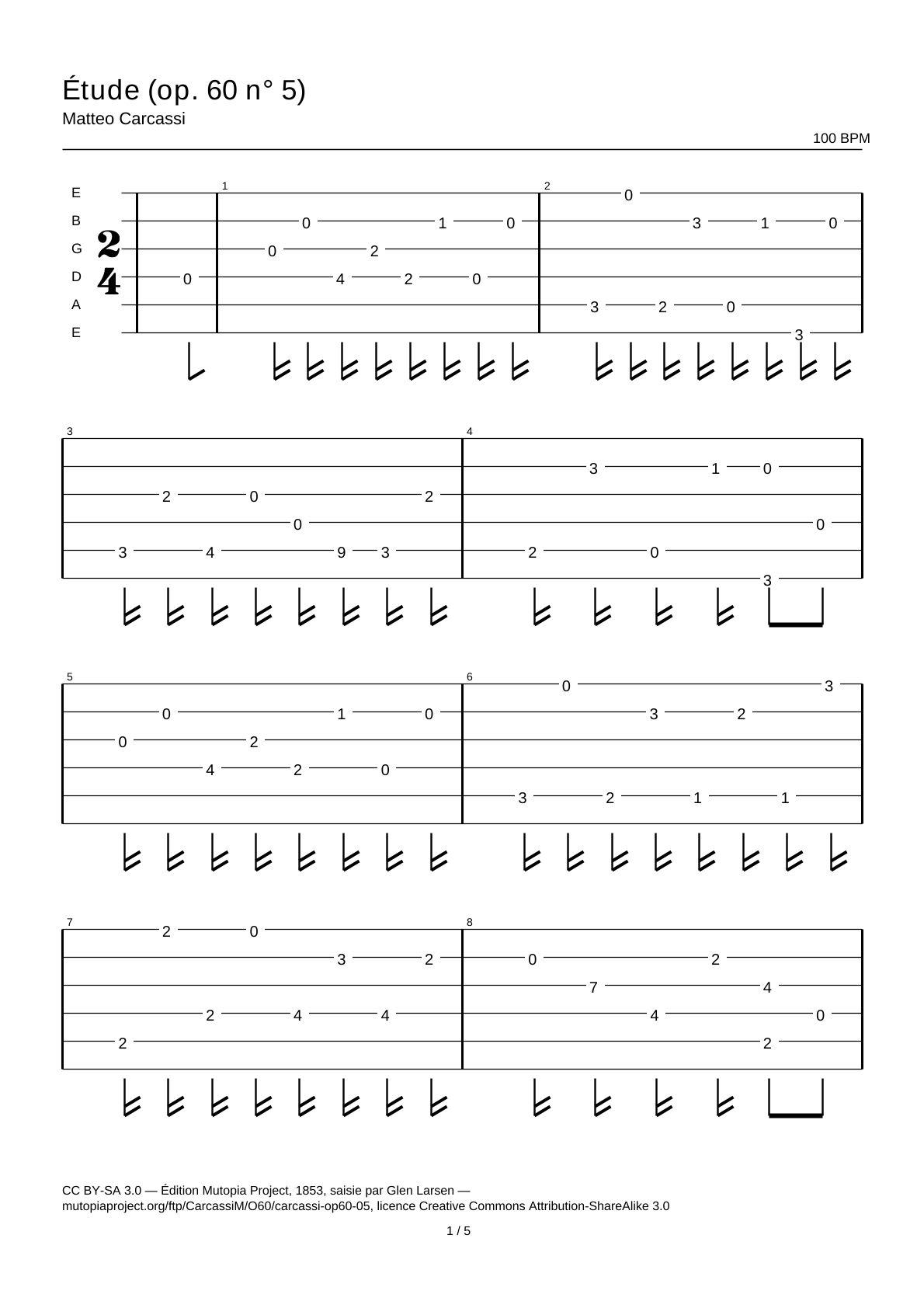 Estudio (op. 60 n.º 5) — Tablatura de guitarra