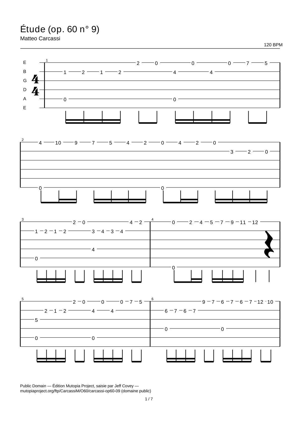 Estudio (op. 60 n.º 9) — Tablatura de guitarra