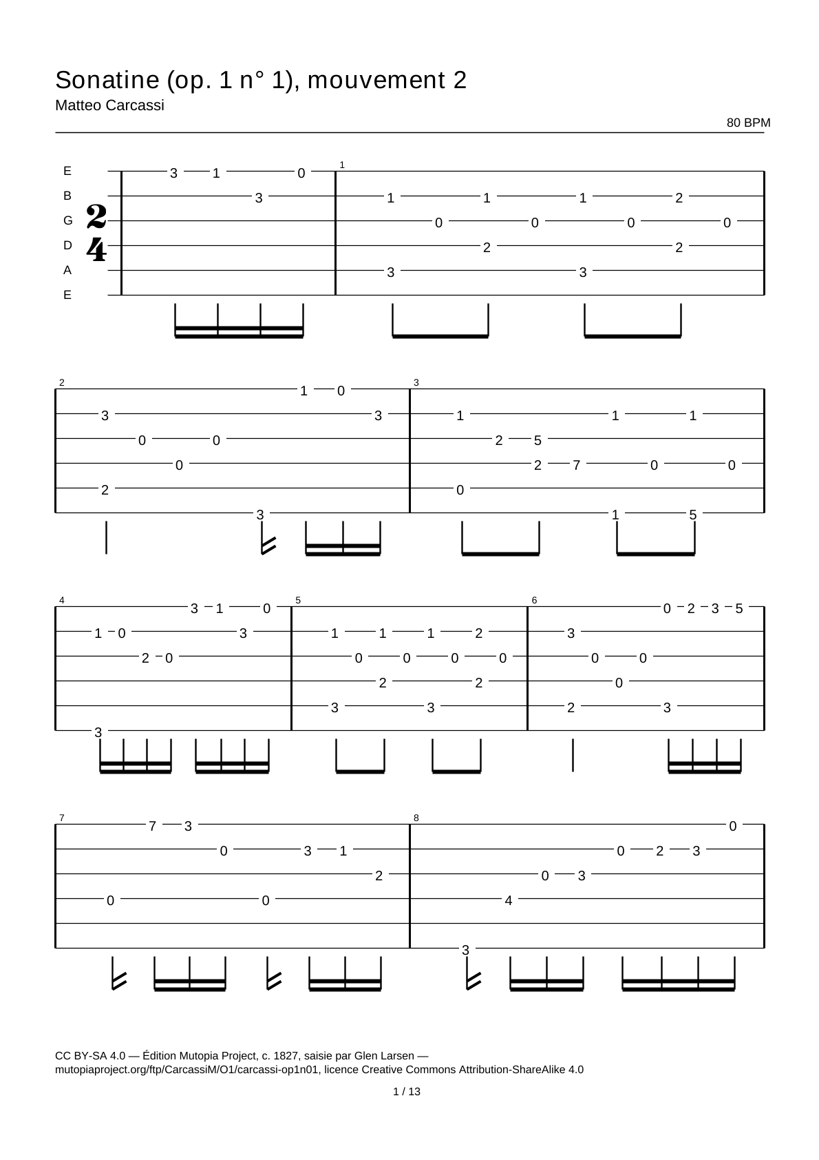 Sonatina (op. 1 n.º 1), movimiento 2 — Tablatura de guitarra