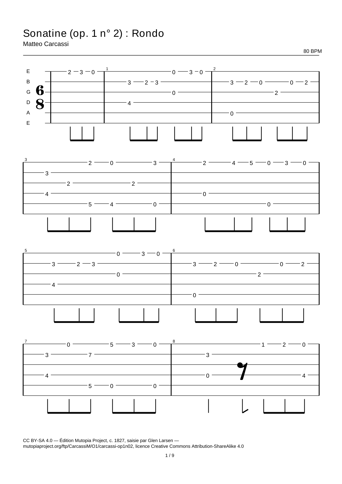 Sonatina (op. 1 n.º 2): Rondo — Tablatura de guitarra