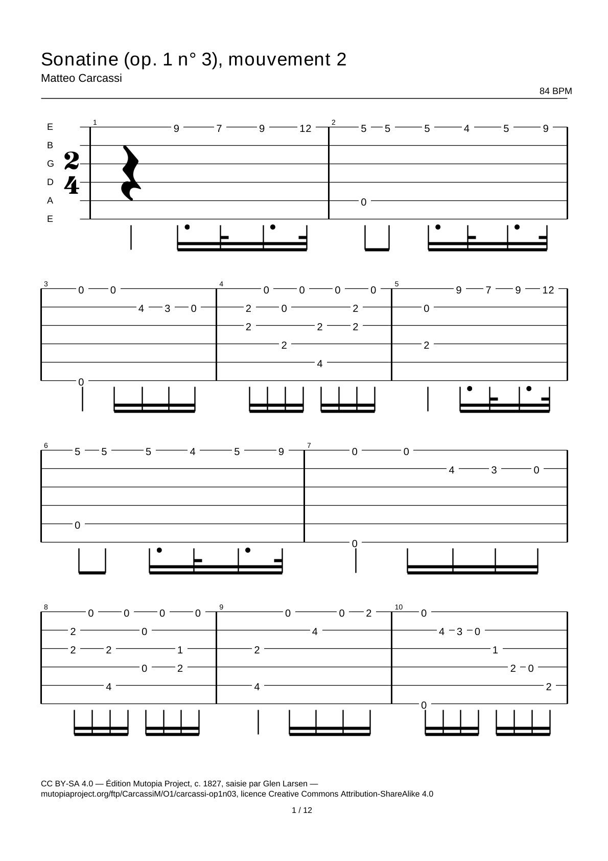 Sonatina (op. 1 n.º 3), movimiento 2 — Tablatura de guitarra