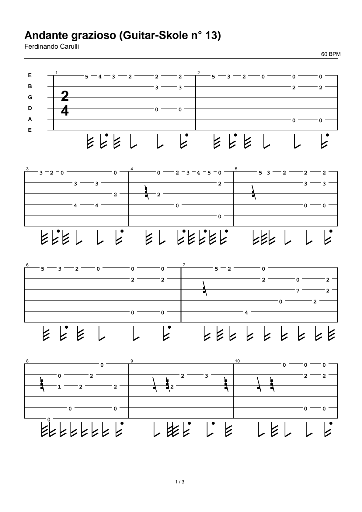 Andante grazioso (Guitar-Skole n° 13) — Tablatura de guitarra