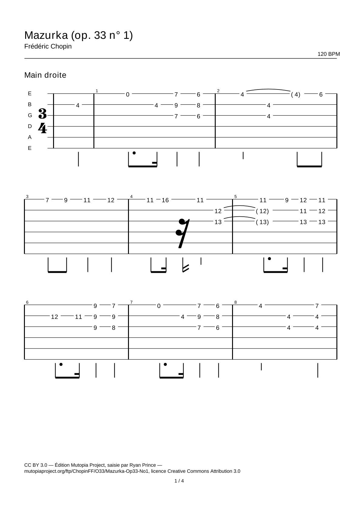 Mazurca (op. 33 n.º 1) — Tablatura de guitarra