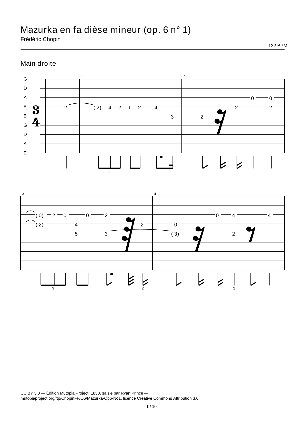 Mazurca en fa sostenido menor (op. 6 n.º 1) — Tablatura de guitarra