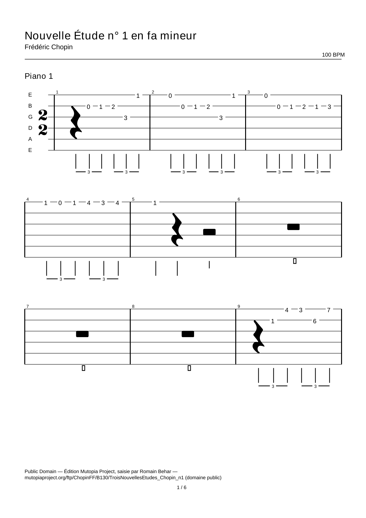 Nuevo estudio n.º 1 en fa menor — Tablatura de guitarra
