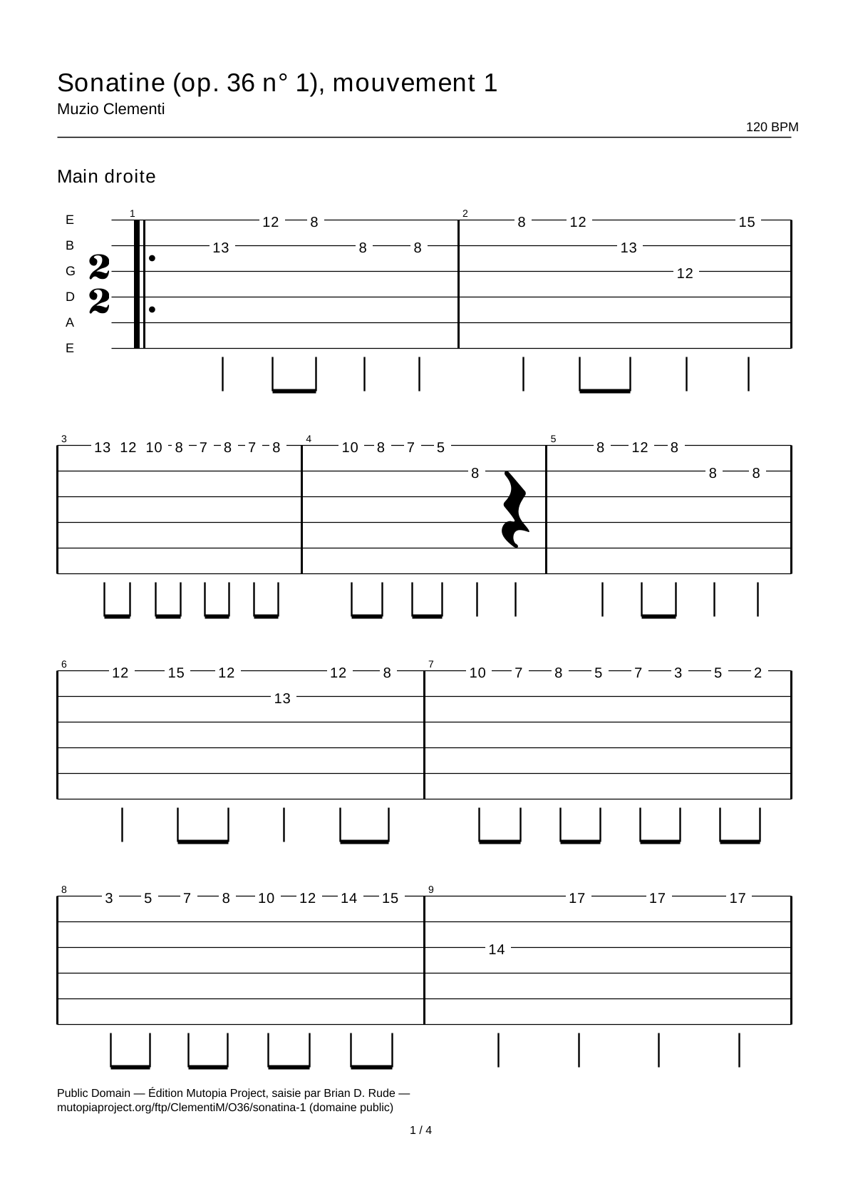 Sonatina (op. 36 n.º 1), movimiento 1 — Tablatura de guitarra
