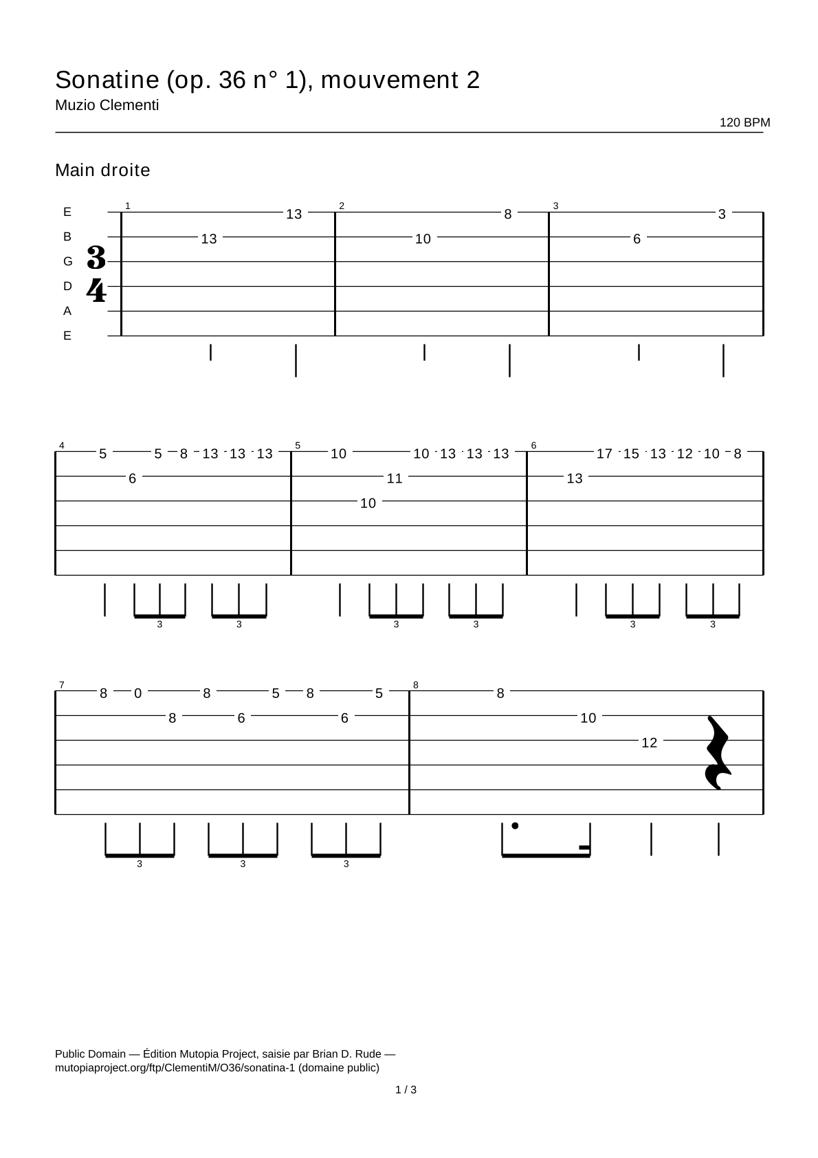 Sonatina (op. 36 n.º 1), movimiento 2 — Tablatura de guitarra