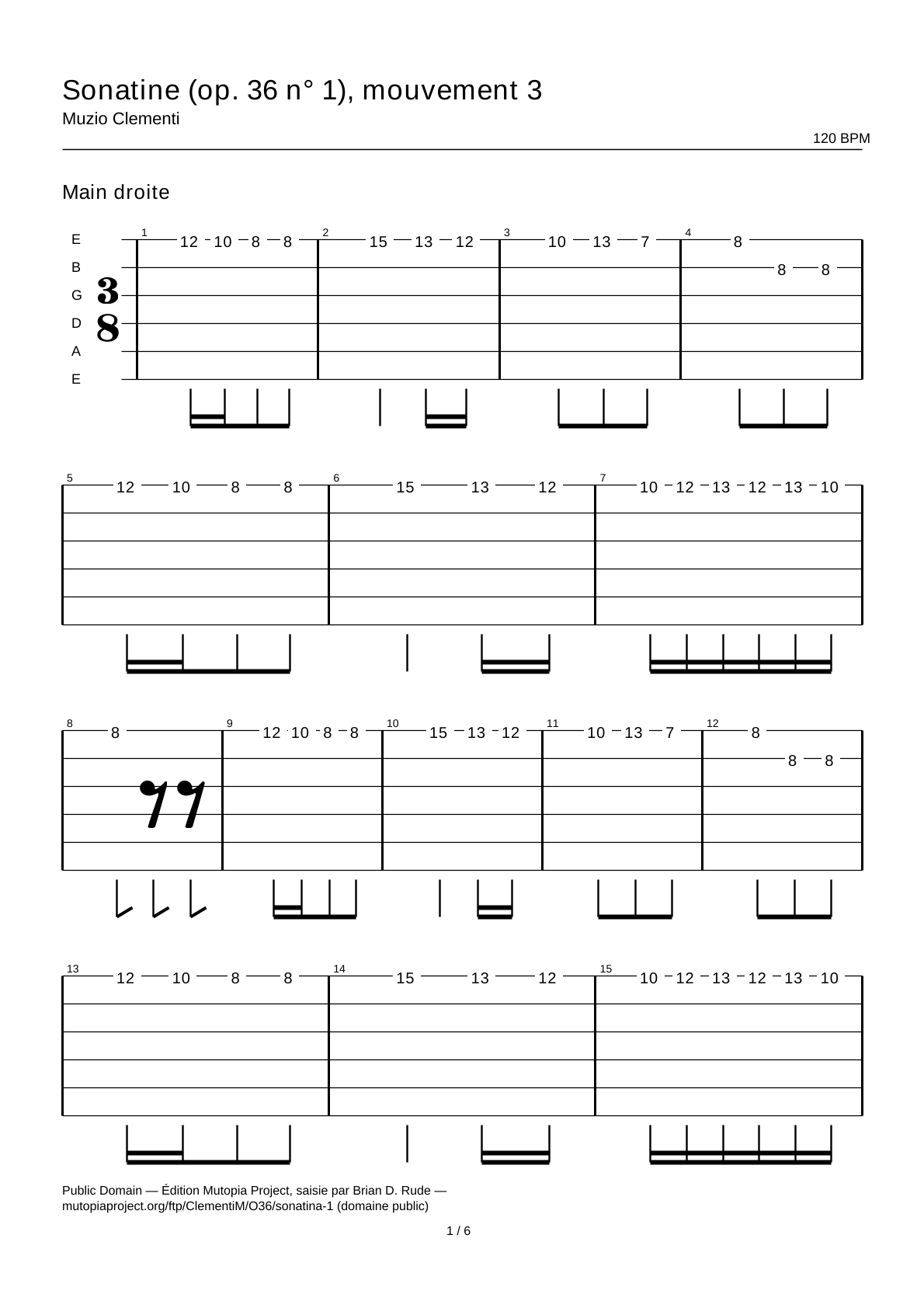 Sonatina (op. 36 n.º 1), movimiento 3 — Tablatura de guitarra