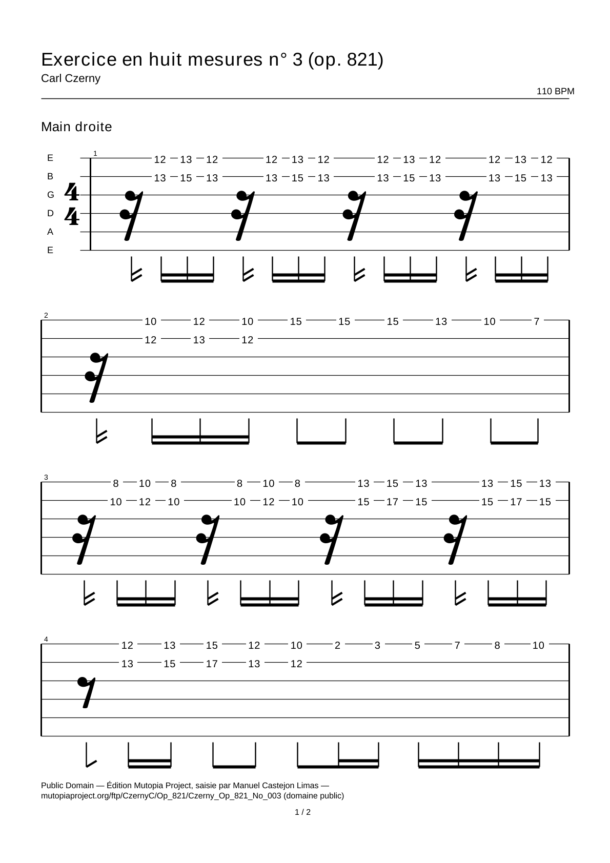 Ejercicio de ocho compases n.º 3 (op. 821) — Tablatura de guitarra