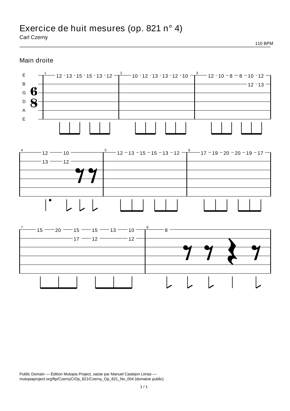 Ejercicio de ocho compases (op. 821 n.º 4) — Tablatura de guitarra