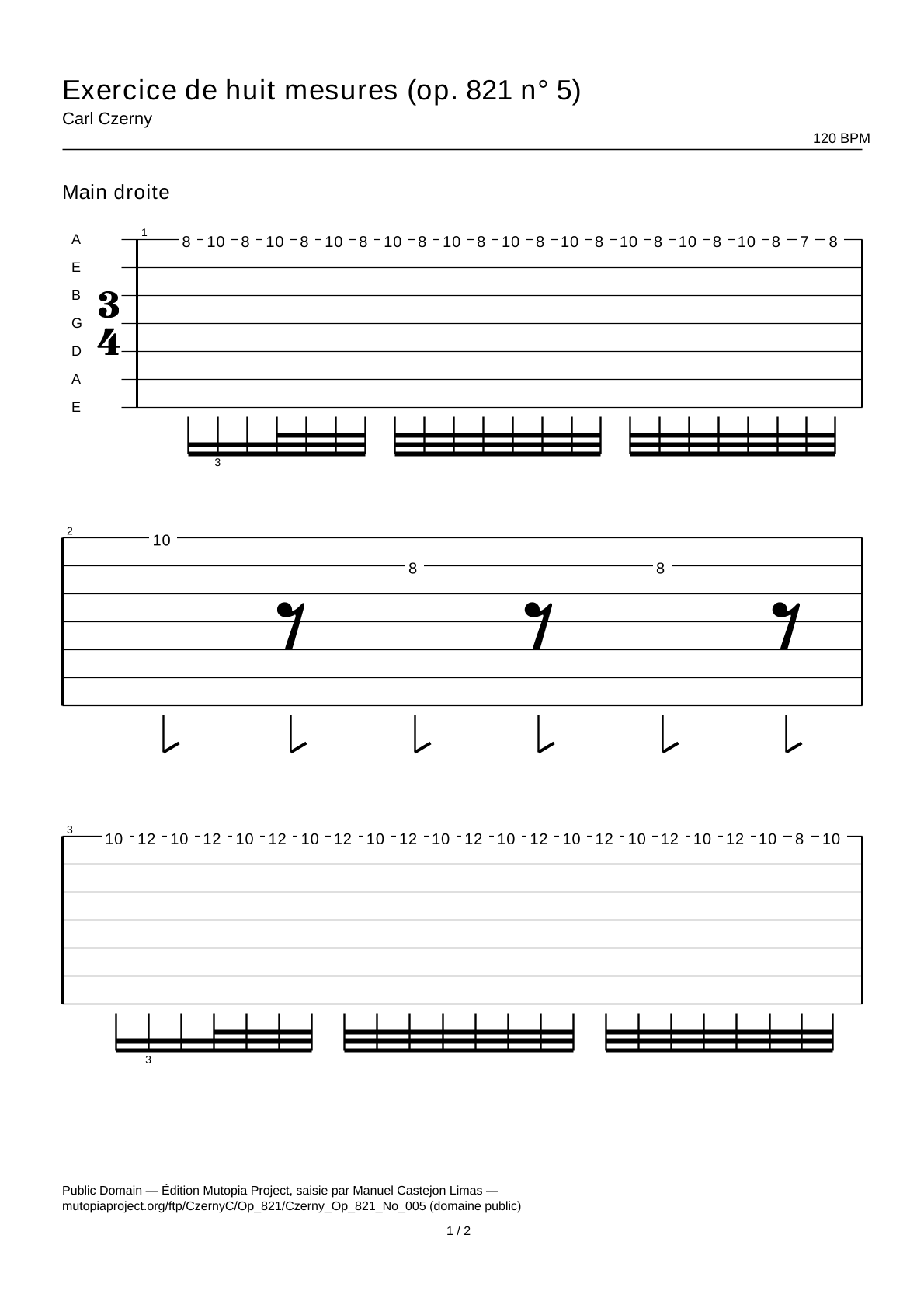 Exercice de huit mesures (op. 821 n° 5) — Tablature guitare