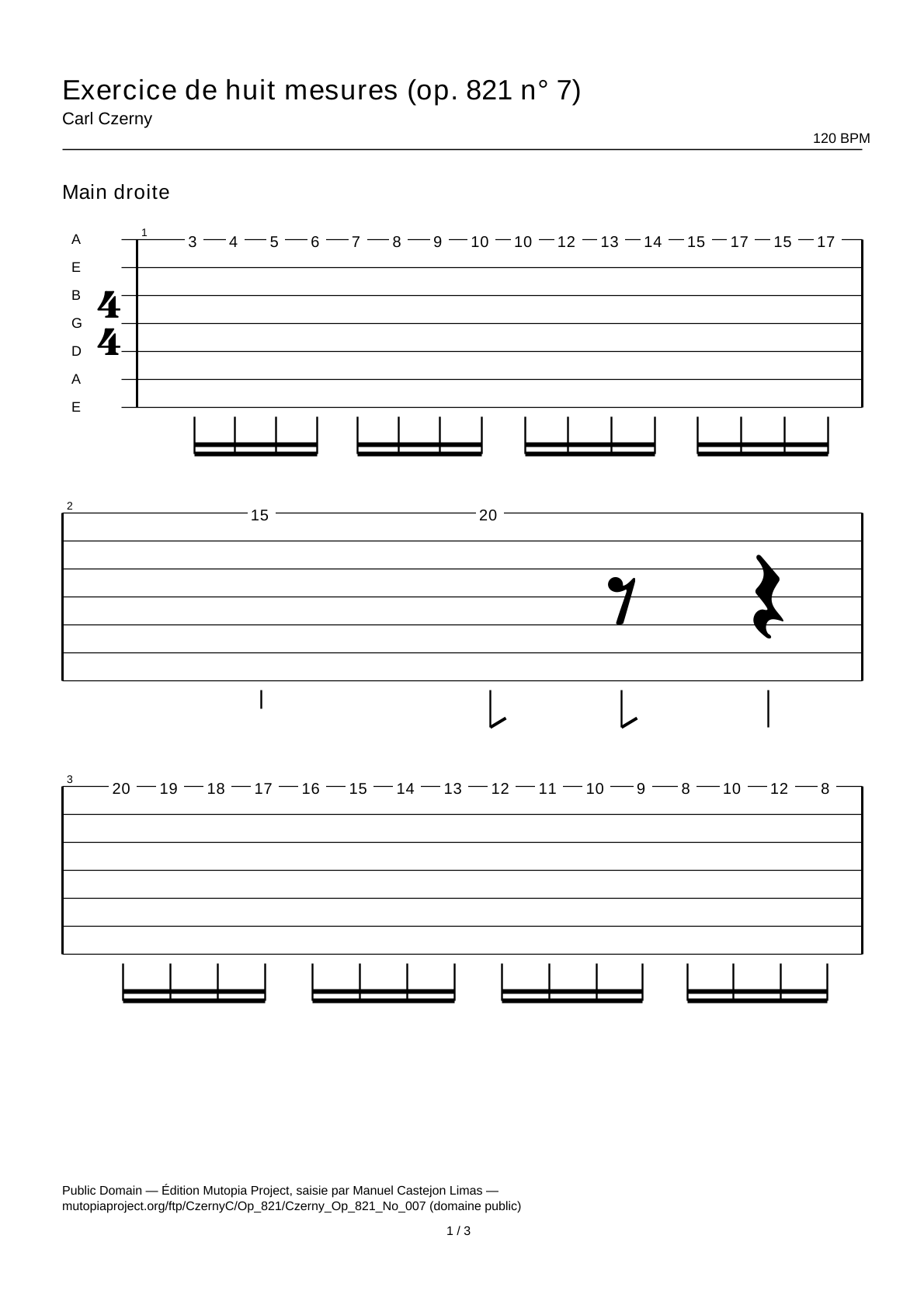 Exercice de huit mesures (op. 821 n° 7) — Tablature guitare