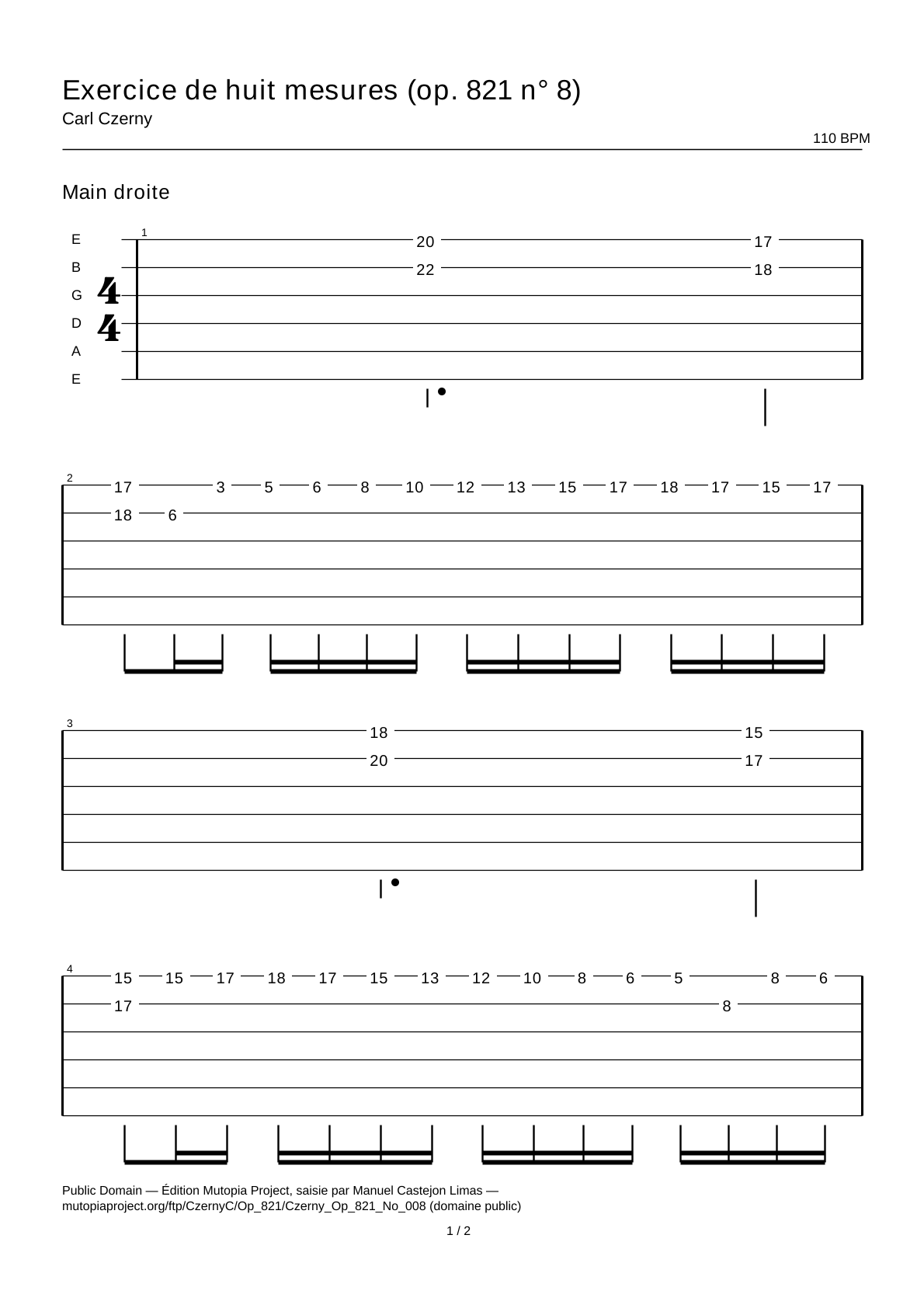 Exercice de huit mesures (op. 821 n° 8) — Tablature guitare