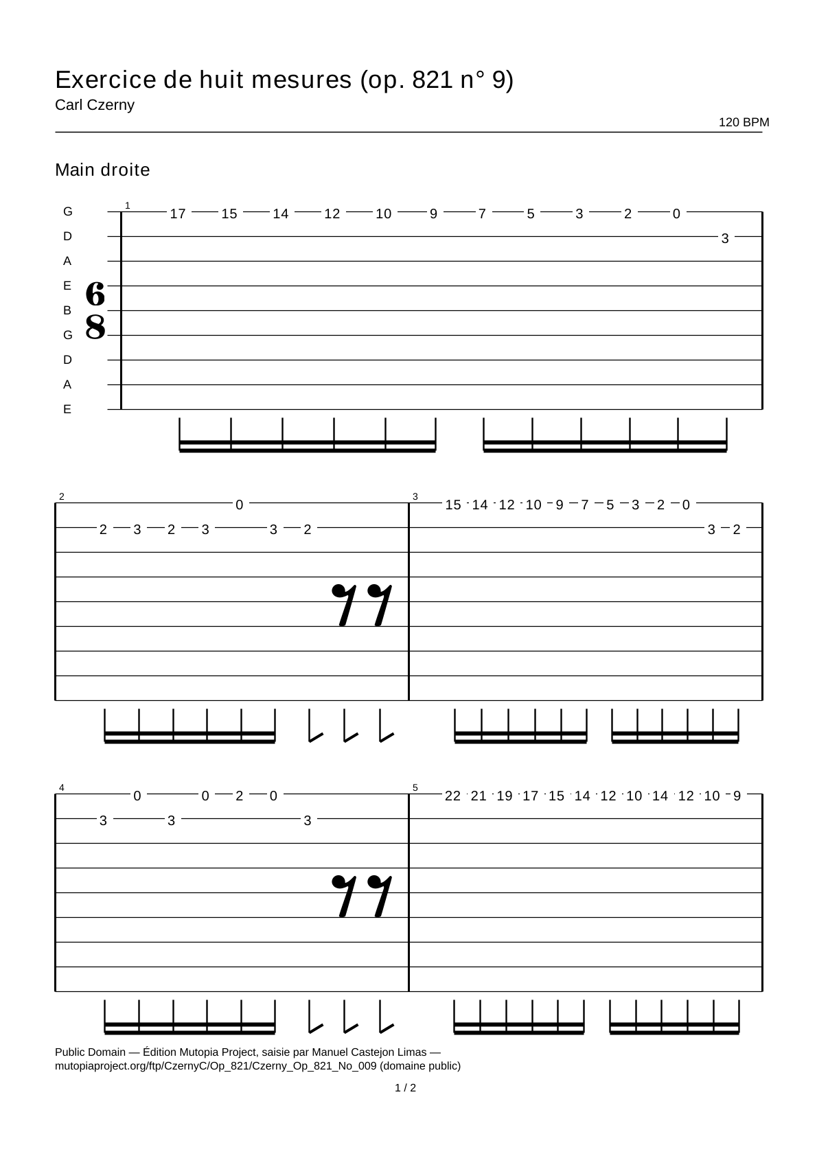 Ejercicio de ocho compases (op. 821 n.º 9) — Tablatura de guitarra