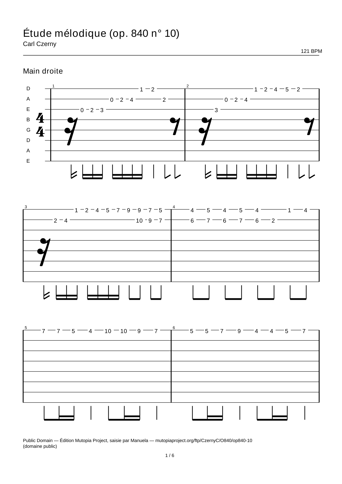 Estudio melódico (op. 840 n.º 10) — Tablatura de guitarra