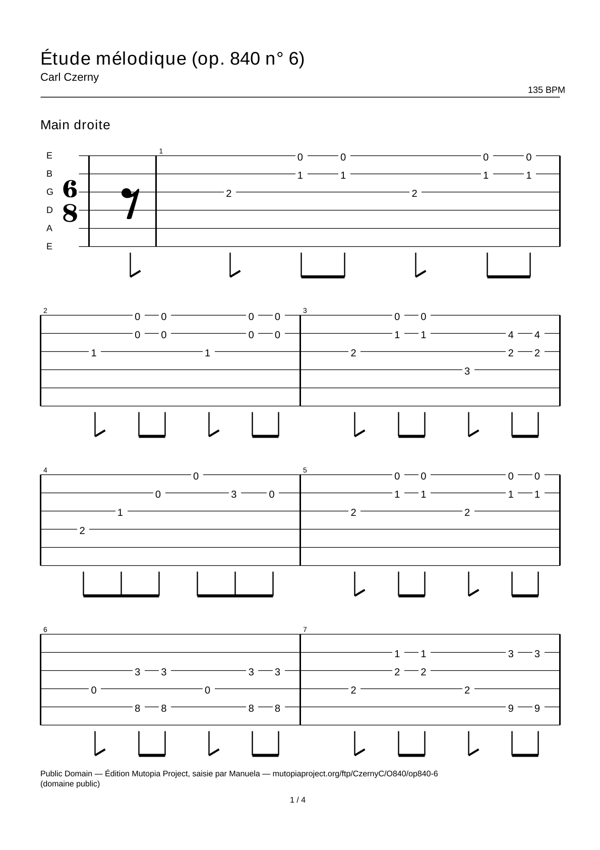 Estudio melódico (op. 840 n.º 6) — Tablatura de guitarra
