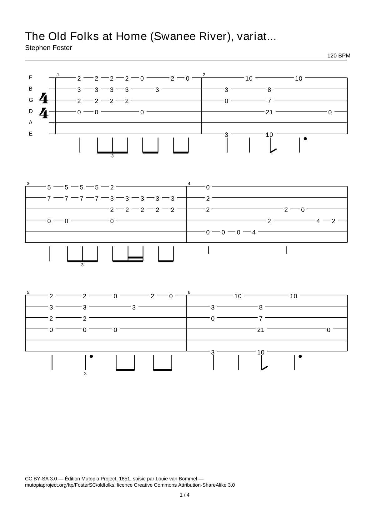 The Old Folks at Home (Swanee River), variation 1 — Guitar Tab