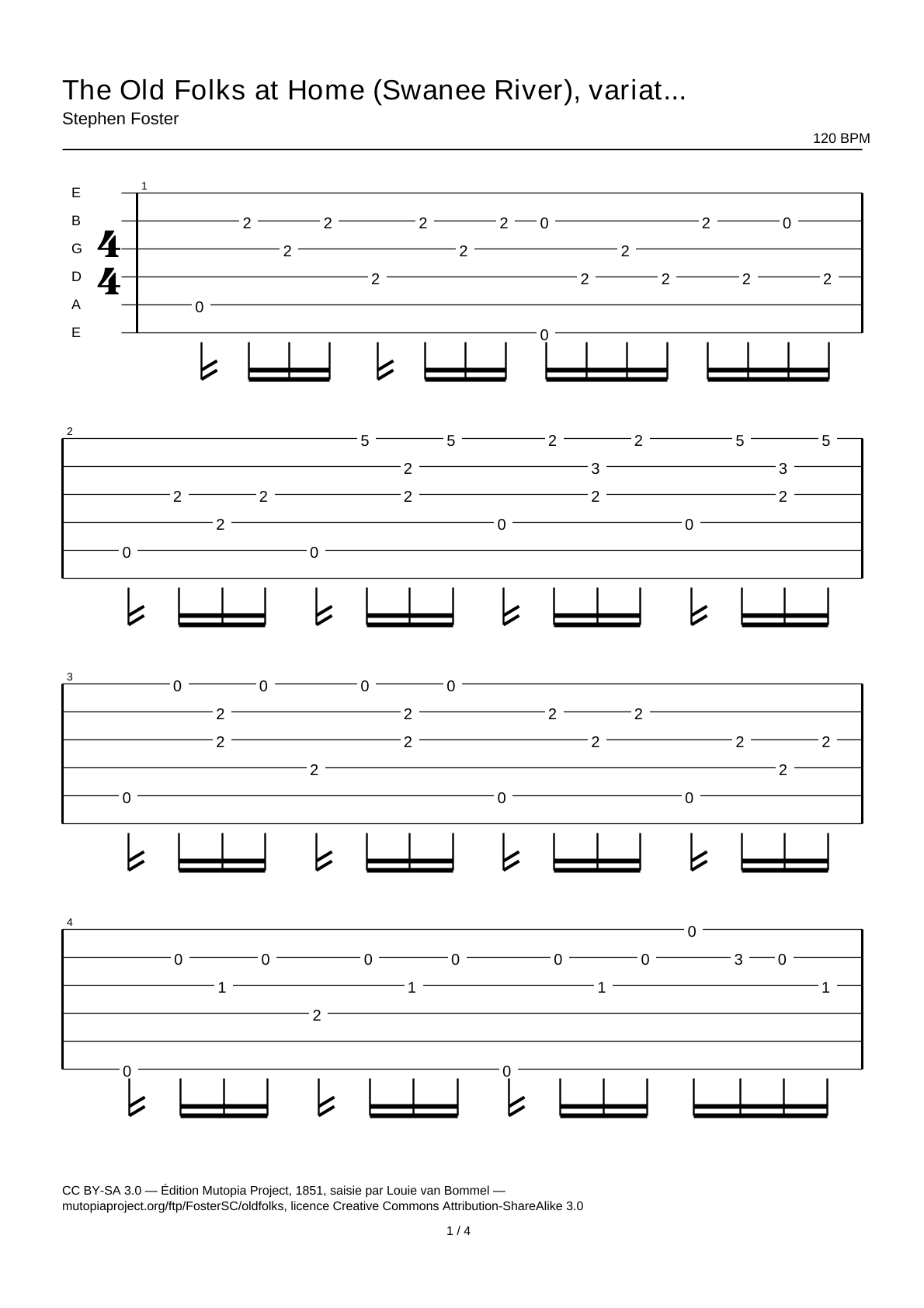 The Old Folks at Home (Swanee River), variation 3 — Tablature guitare