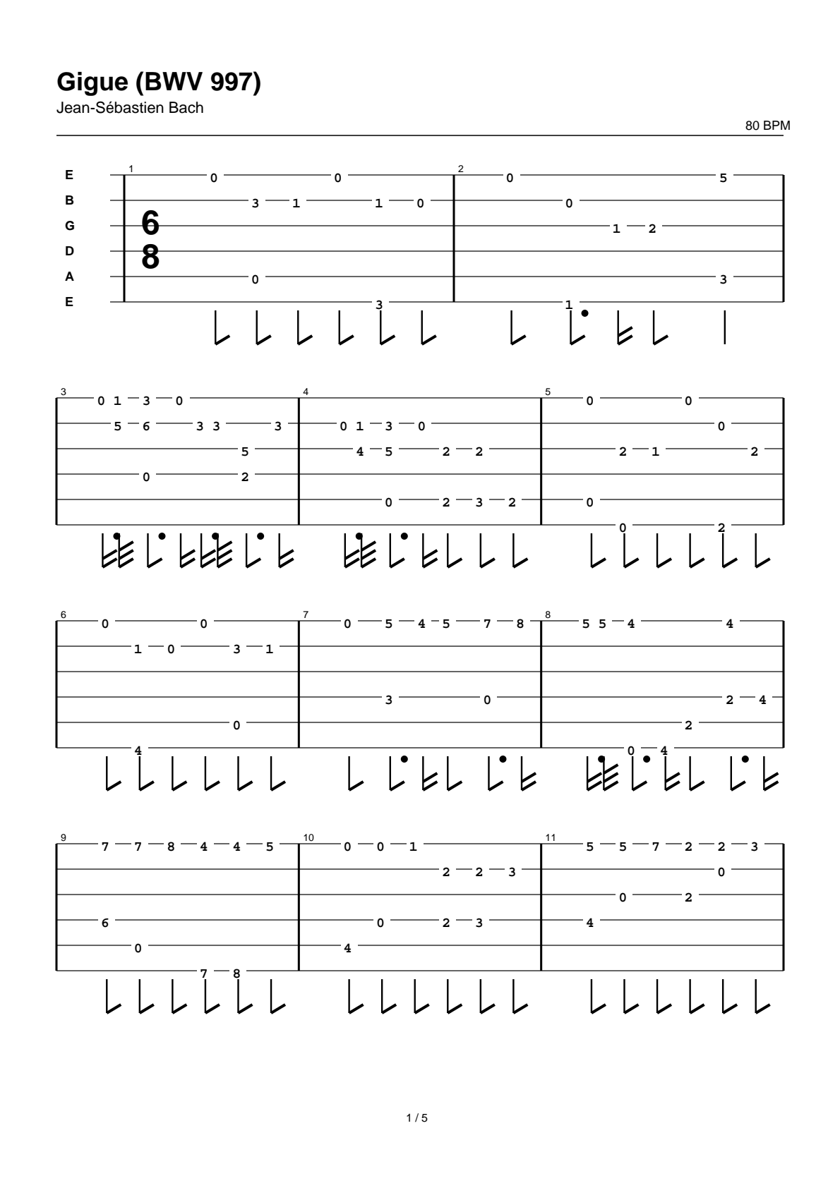 Gigue (BWV 997) — Tablatura de guitarra