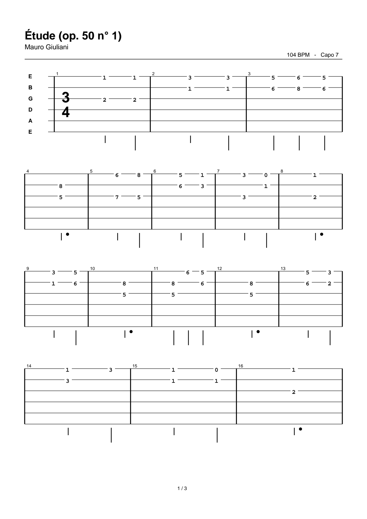 Étude (op. 50 n° 1) — Tablature guitare