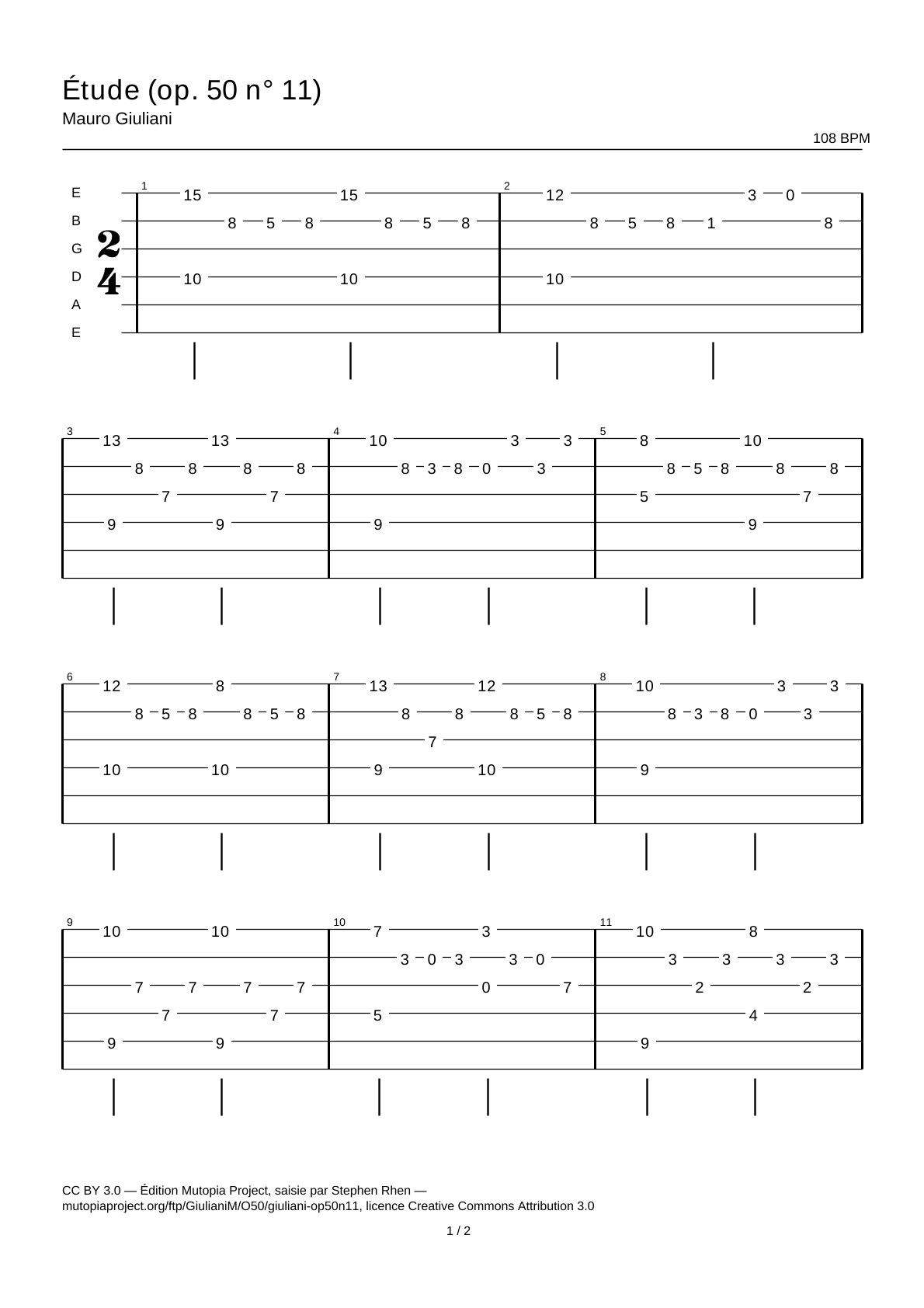 Estudio (op. 50 n.º 11) — Tablatura de guitarra